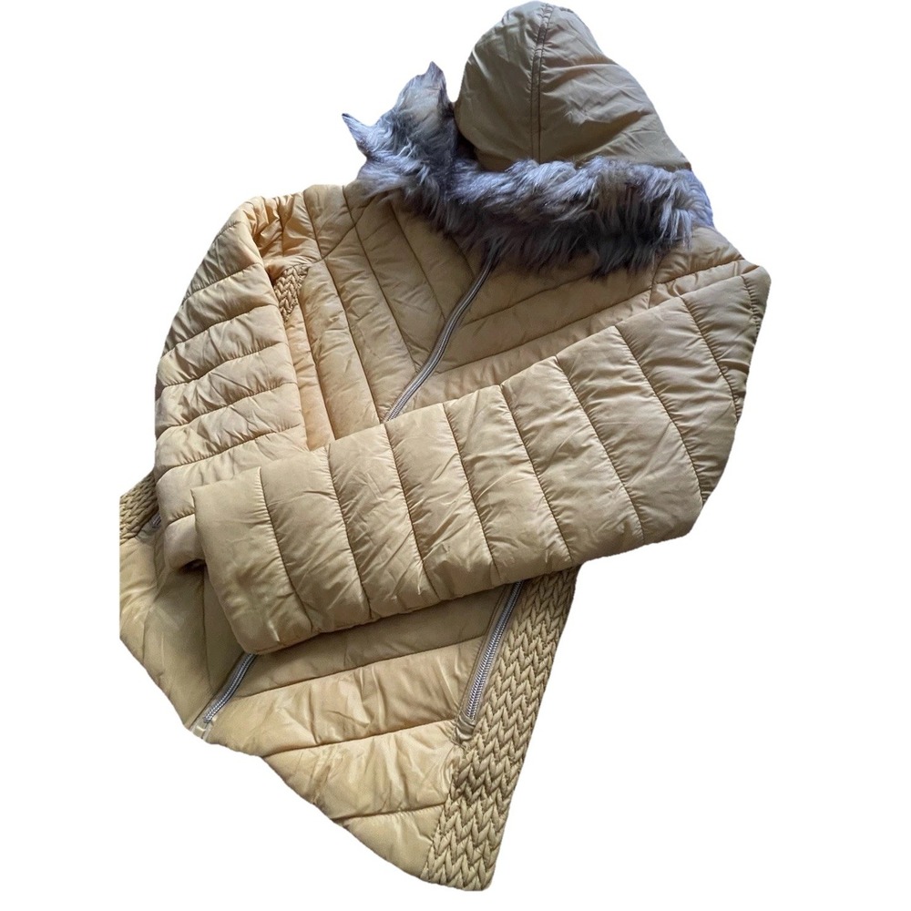 Love Tree Women's Sz L Puffer Jacket Mustard/Gold Removable Hood Faux Fur - Picture 4 of 8
